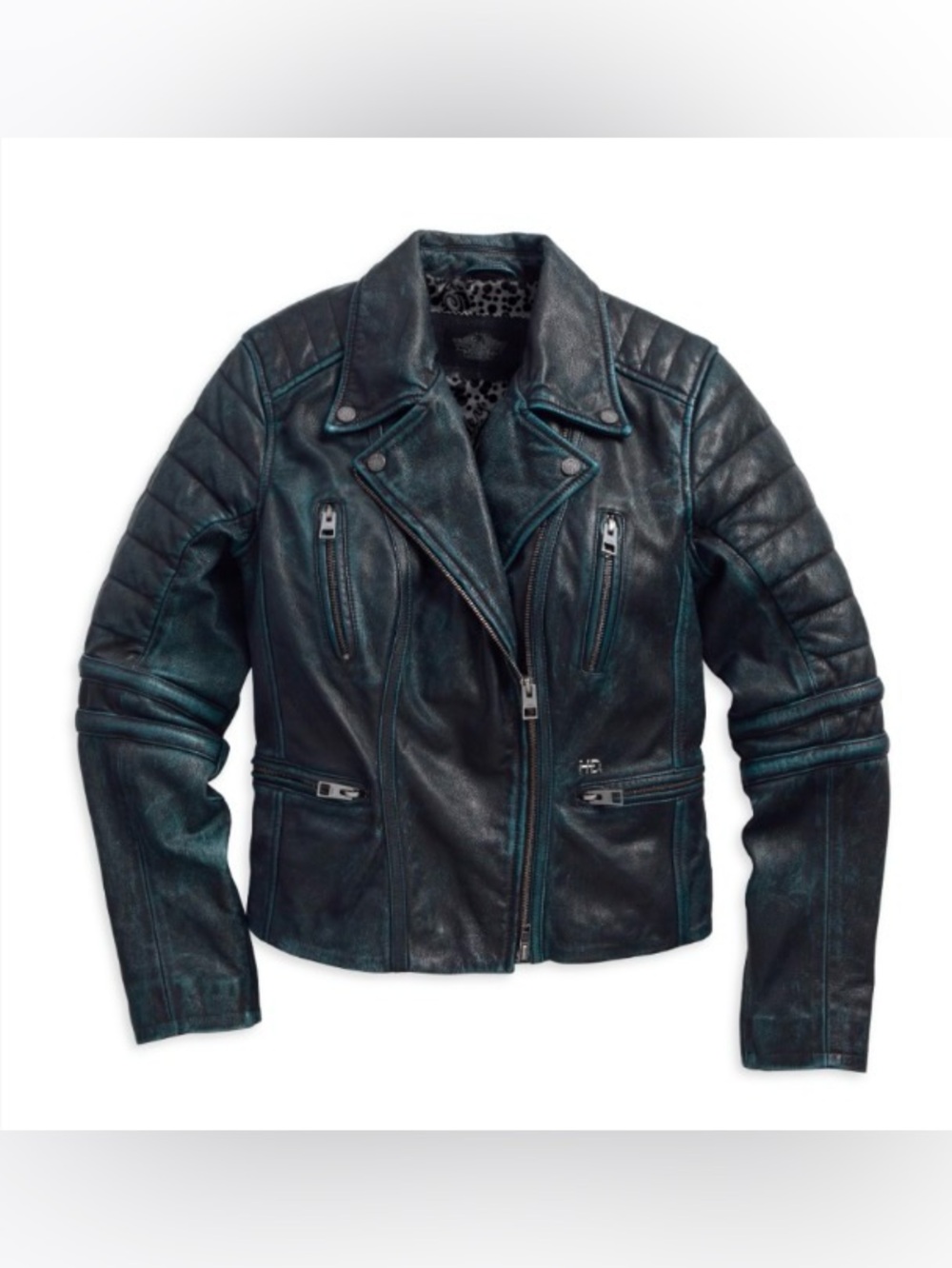 Harley Davidson Overdye Teal-Accent Leather Moto Jacket small